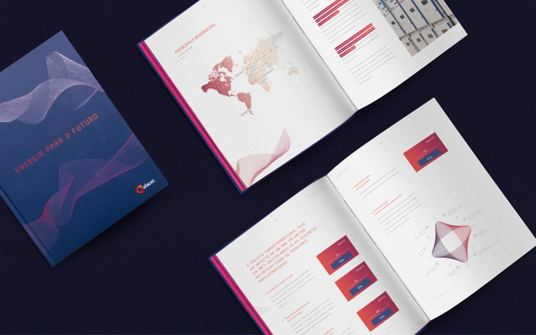 EFACEC Livro relatório de contas 2017. Imagem representativa do design do livro de contas do ano de 2017 da Efacec.