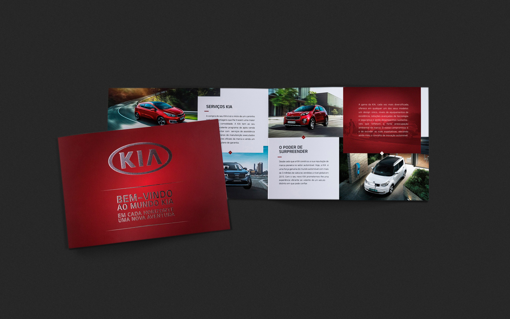 Brochura Welcome Kit. Imagem da brochura que se recebe no welcome kit da Kia. Esta brochura tem informações relativas aos modelos da Kia.